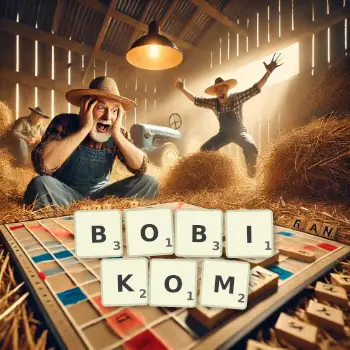 Kreatywna ilustracja do gry w Scrabble ze słowem BOBIKOM ułożonym z płytek na planszy.