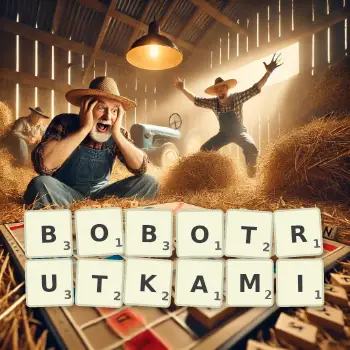 Kreatywna ilustracja do gry w Scrabble ze słowem BOBOTRUTKAMI ułożonym z płytek na planszy.