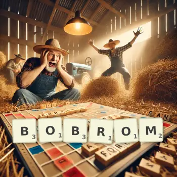 Kreatywna ilustracja do gry w Scrabble ze słowem BOBROM ułożonym z płytek na planszy.
