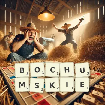 Kreatywna ilustracja do gry w Scrabble ze słowem BOCHUMSKIE ułożonym z płytek na planszy.