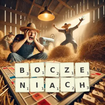 Kreatywna ilustracja do gry w Scrabble ze słowem BOCZENIACH ułożonym z płytek na planszy.