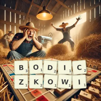 Kreatywna ilustracja do gry w Scrabble ze słowem BODICZKOWI ułożonym z płytek na planszy.
