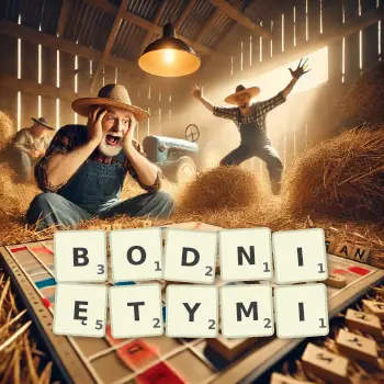 Kreatywna ilustracja do gry w Scrabble ze słowem BODNIĘTYMI ułożonym z płytek na planszy.