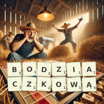 Kreatywna ilustracja do gry w Scrabble ze słowem BODZIACZKOWĄ ułożonym z płytek na planszy.