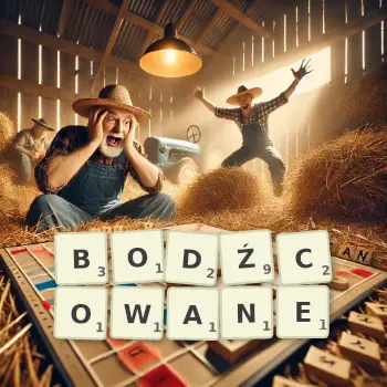 Kreatywna ilustracja do gry w Scrabble ze słowem BODŹCOWANE ułożonym z płytek na planszy.
