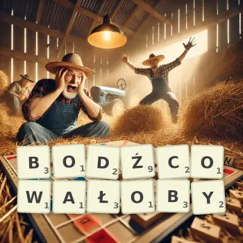 Kreatywna ilustracja do gry w Scrabble ze słowem BODŹCOWAŁOBY ułożonym z płytek na planszy.