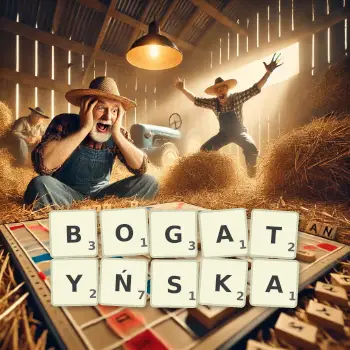 Kreatywna ilustracja do gry w Scrabble ze słowem BOGATYŃSKA ułożonym z płytek na planszy.