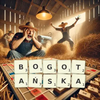 Kreatywna ilustracja do gry w Scrabble ze słowem BOGOTAŃSKA ułożonym z płytek na planszy.