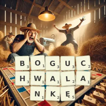 Kreatywna ilustracja do gry w Scrabble ze słowem BOGUCHWALANKĘ ułożonym z płytek na planszy.