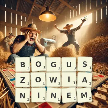 Kreatywna ilustracja do gry w Scrabble ze słowem BOGUSZOWIANINEM ułożonym z płytek na planszy.