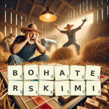 Kreatywna ilustracja do gry w Scrabble ze słowem BOHATERSKIMI ułożonym z płytek na planszy.