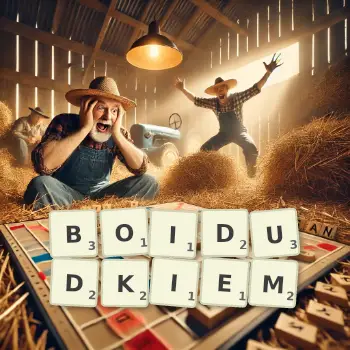 Kreatywna ilustracja do gry w Scrabble ze słowem BOIDUDKIEM ułożonym z płytek na planszy.