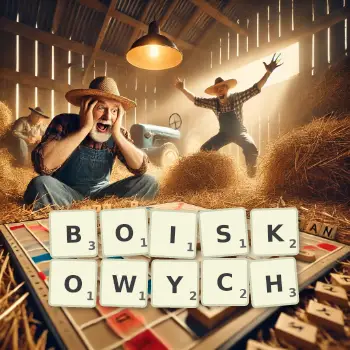 Kreatywna ilustracja do gry w Scrabble ze słowem BOISKOWYCH ułożonym z płytek na planszy.