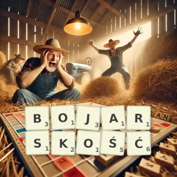 Kreatywna ilustracja do gry w Scrabble ze słowem BOJARSKOŚĆ ułożonym z płytek na planszy.