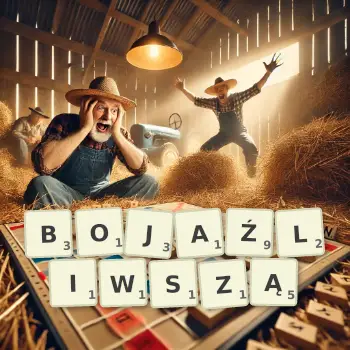 Kreatywna ilustracja do gry w Scrabble ze słowem BOJAŹLIWSZĄ ułożonym z płytek na planszy.