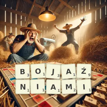 Kreatywna ilustracja do gry w Scrabble ze słowem BOJAŹNIAMI ułożonym z płytek na planszy.