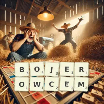 Kreatywna ilustracja do gry w Scrabble ze słowem BOJEROWCEM ułożonym z płytek na planszy.