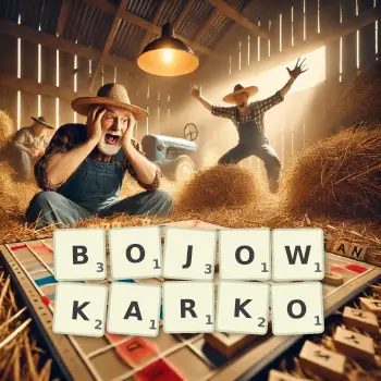 Kreatywna ilustracja do gry w Scrabble ze słowem BOJOWKARKO ułożonym z płytek na planszy.