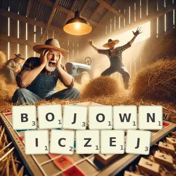 Kreatywna ilustracja do gry w Scrabble ze słowem BOJOWNICZEJ ułożonym z płytek na planszy.