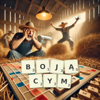 Kreatywna ilustracja do gry w Scrabble ze słowem BOJĄCYM ułożonym z płytek na planszy.