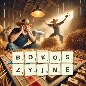 Kreatywna ilustracja do gry w Scrabble ze słowem BOKOSZYJNE ułożonym z płytek na planszy.