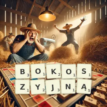 Kreatywna ilustracja do gry w Scrabble ze słowem BOKOSZYJNĄ ułożonym z płytek na planszy.