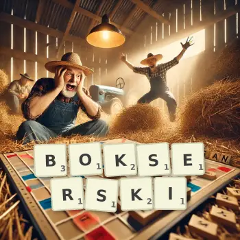 Kreatywna ilustracja do gry w Scrabble ze słowem BOKSERSKI ułożonym z płytek na planszy.