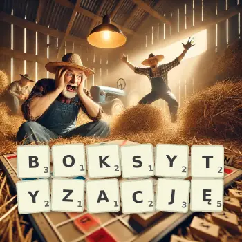 Kreatywna ilustracja do gry w Scrabble ze słowem BOKSYTYZACJĘ ułożonym z płytek na planszy.