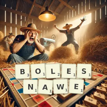 Kreatywna ilustracja do gry w Scrabble ze słowem BOLESNAWE ułożonym z płytek na planszy.