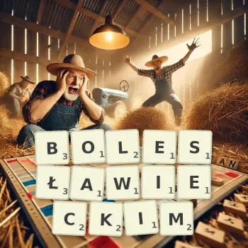Kreatywna ilustracja do gry w Scrabble ze słowem BOLESŁAWIECKIM ułożonym z płytek na planszy.