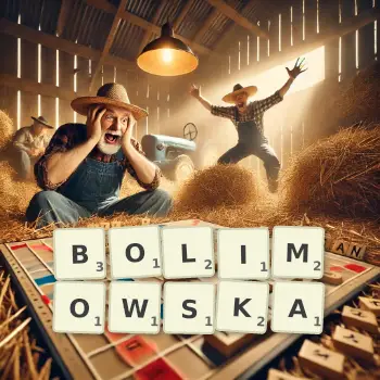 Kreatywna ilustracja do gry w Scrabble ze słowem BOLIMOWSKA ułożonym z płytek na planszy.