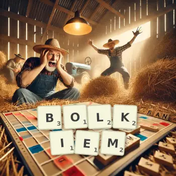 Kreatywna ilustracja do gry w Scrabble ze słowem BOLKIEM ułożonym z płytek na planszy.