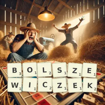 Kreatywna ilustracja do gry w Scrabble ze słowem BOLSZEWICZEK ułożonym z płytek na planszy.