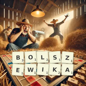 Kreatywna ilustracja do gry w Scrabble ze słowem BOLSZEWIKA ułożonym z płytek na planszy.