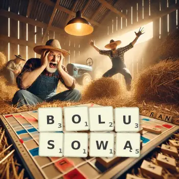 Kreatywna ilustracja do gry w Scrabble ze słowem BOLUSOWĄ ułożonym z płytek na planszy.