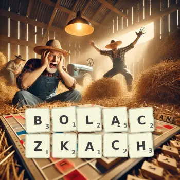 Kreatywna ilustracja do gry w Scrabble ze słowem BOLĄCZKACH ułożonym z płytek na planszy.