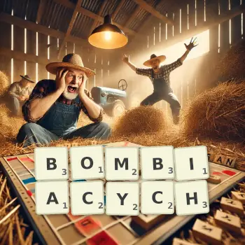 Kreatywna ilustracja do gry w Scrabble ze słowem BOMBIACYCH ułożonym z płytek na planszy.