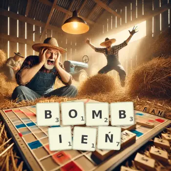 Kreatywna ilustracja do gry w Scrabble ze słowem BOMBIEŃ ułożonym z płytek na planszy.