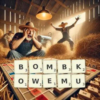 Kreatywna ilustracja do gry w Scrabble ze słowem BOMBKOWEMU ułożonym z płytek na planszy.