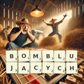 Kreatywna ilustracja do gry w Scrabble ze słowem BOMBLUJACYCH ułożonym z płytek na planszy.