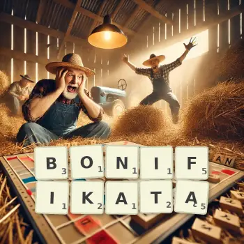 Kreatywna ilustracja do gry w Scrabble ze słowem BONIFIKATĄ ułożonym z płytek na planszy.
