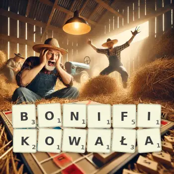 Kreatywna ilustracja do gry w Scrabble ze słowem BONIFIKOWAŁA ułożonym z płytek na planszy.