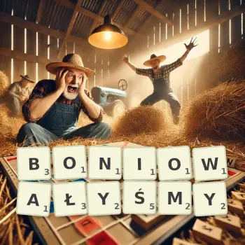 Kreatywna ilustracja do gry w Scrabble ze słowem BONIOWAŁYŚMY ułożonym z płytek na planszy.