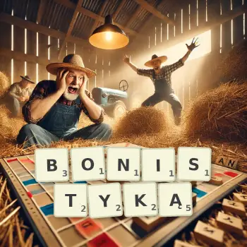 Kreatywna ilustracja do gry w Scrabble ze słowem BONISTYKĄ ułożonym z płytek na planszy.