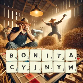 Kreatywna ilustracja do gry w Scrabble ze słowem BONITACYJNYM ułożonym z płytek na planszy.