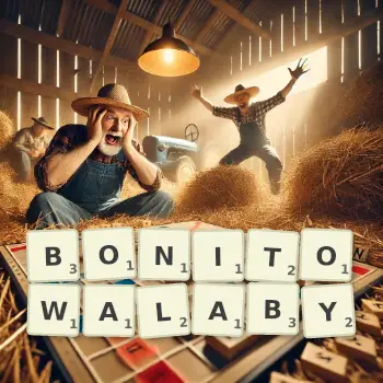 Kreatywna ilustracja do gry w Scrabble ze słowem BONITOWALABY ułożonym z płytek na planszy.