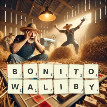 Kreatywna ilustracja do gry w Scrabble ze słowem BONITOWALIBY ułożonym z płytek na planszy.