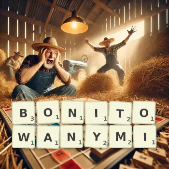 Kreatywna ilustracja do gry w Scrabble ze słowem BONITOWANYMI ułożonym z płytek na planszy.