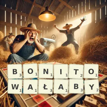 Kreatywna ilustracja do gry w Scrabble ze słowem BONITOWAŁABY ułożonym z płytek na planszy.