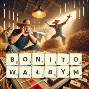 Kreatywna ilustracja do gry w Scrabble ze słowem BONITOWAŁBYM ułożonym z płytek na planszy.